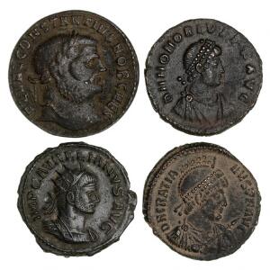 Romerske kejserdømme, 4 Antoniniani fra kejserne Honorius, Aurelian, Gratian, og Constantius I.