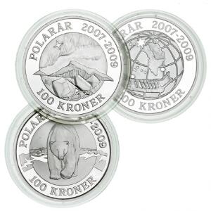 Polarmønter, 100 kr 2007 Isbjørn, 100 kr 2008 Sirius samt 100 kr 2009 Nordlys, Sieg 1A, 2A og 3A