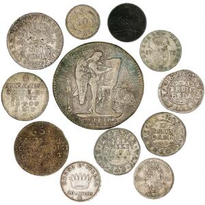 Lille lot danske og udenlandske mønter, bl.a. Frederik III, 2 skilling 1664, Christian V, 2 skilling 1681, Frankrig afstøbning, Ludvig XVI, Ecu 1793 A