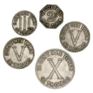 Dansk Vestindien, Privatmønter, Russel, Bros, 2, 3 cents 1890, 5 cents 1888, 1890, 10 cents 1888, Sieg 43, 45 - 48, i alt 5 stk.