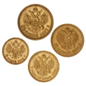 Samling af russiske mønter, 15 rubler 1897, 10 rubler 1899, 7 rubler 50 kopeks 1897, 5 rubler 1900, F 177-180, i alt 4 stk. i varierende kvalitet