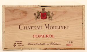 12 bts. Château Moulinet, Pomerol 2001 A hfin. Owc.