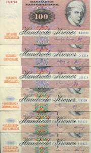 100 kr 1988 - 1998, Sieg 142, 143, alle ucirkulerede og med forskellige seriebogstaver og underskrifter, ialt 6 stk.