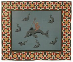 Art deco vægtæppe med motiv i form af Poseidon omgivet af delfiner. Broderi. Ca. 1930. 180 x 212.