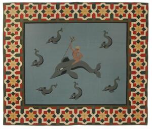 Art deco vægtæppe med motiv i form af Poseidon omgivet af delfiner. Broderi. Ca. 1930. 180 x 212.