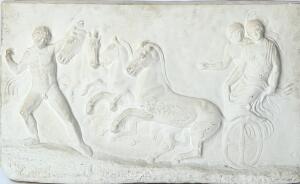 Parthenonfrisen, efter To gipsrelieffer med fremstillinger af scenerier fra den græske oldtid. Museumskopier. 20. årh.s beg. H 53. L. 83.  H. 48. L. 76. 2.