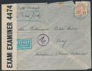 1940. Luftpostbrev fra København 21.11.40 til Vaag. Tysk censur Ae Berlin, sendt via New York og Thorshavn til Vaag. Frimærke og kuvert beskadiget