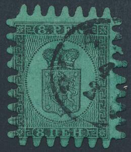 1866. 8 penni, sortgrøn. Meget smukt og sjældent mærke med DOBBELT PERFORERING I HØJRE SIDE