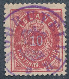 1896. 10 aur, rød, tk.12. Violet kronestempel BRODRUVELLIR. LUX-kvalitet