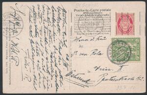 1910. Posthorn, 10 øre, rød på brevkort med mærkat SPITSBERGEN, 5 øre, grøn