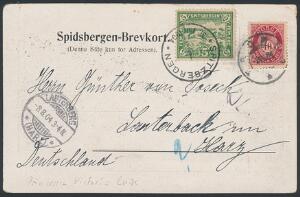 1904. Posthorn, 10 øre, rød på brevkort med mærkat SPITSBERGEN, 5 øre, grøn