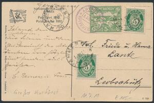 1910. Posthorn, 5 øre, grøn. 2 stk. på postkort med mærkat SPITSBERGEN, 5 øre, grøn