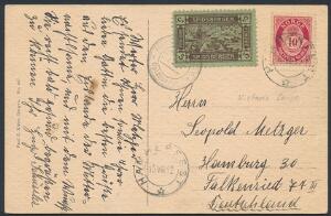 1912. Posthorn, 10 øre, rød på brevkort med mærkat SPITSBERGEN, 5 øre, brungrønlig