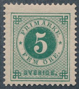 1886. Ringtype, 5 öre, grøn posthorn. Postfrisk. Facit 1500