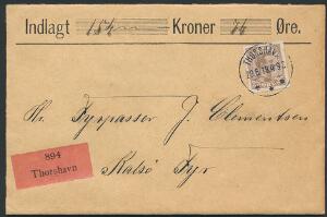 1918. 25 øre, Chr.X, brun. Single på flot værdibrev med rød etiket 894 Thorshavn. Stemplet i THORSHAVN 29.6.18.