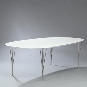 Piet Hein, Bruno Mathsson Superellipse. Stort spisebord med top af hvid laminat med kant af aluminium, opsat på klemben af matforkromet stål.