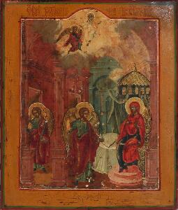 Russisk ikon forestillende Jomfru Marias bebudelse. Tempera på træ. Forsænket billedflade. 18. årh.s slutning. 33 x 28.