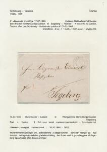 1850. Brev fra Lübeck til Segeberg. Sort 2-ringsstempel LÜBECK 14.2.1850. Pragtkvalitet. Smukt monteret på udstillingsplanche med analyse