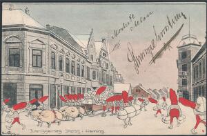 Julenissernes Indtog i Herning, 1908. Tegnet af Carl Røgind