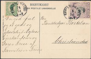 1907. Julemærke. Brugt på postkort med 5 Bit, Chr.IX, grøn, sendt til Danmark. Stemplet CHRISTIANSTED 24.12.1907. Mærket defekt.