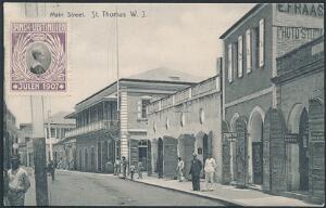1907. Julemærke. Brugt på bagsiden af postkort med par 5 Bit, Chr.IX, grøn, sendt til Danmark, stemplet ST. THOMAS X.12.1907.