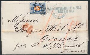 Rusland. 1866. 20 k. blåorange. Single frankering på smukt brev til Frankrig, sendt fra MOSCOW 7 JUN 1873.