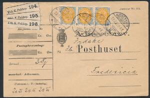 1895. 100 øre, grågul, tk.12. Vm.II. 3-STRIBE på adressebrev til Fredericia, annulleret KJØBENHAVN 22.6.03.