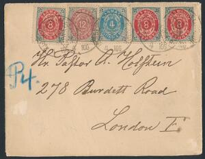 1875. 12 øre violetgrå, 4 øre, gråblå og 3 stk 8 øre, grårød. Tk.14. I alt 40 øres frankering på fint lille brev til LONDON, annulleret KJØBENHAVN-HELSINGØR