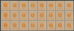 1886. Ringtype. 2 öre, orange. Postfrisk 24-BLOK. Facit 1320