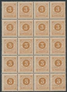 1886. Ringtype. 3 öre, brun. Postfrisk 20-BLOK. Facit 6000