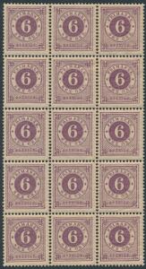 1886. Ringtype. 6 öre, violet. Postfrisk 15-BLOK. Facit 7500