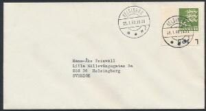1969. 25 Kr. Rigsvåben, grøn, flourescerende papir, pos. 91 med hjørnemarginal L125. Single på FDC, annulleret Helsingør 29.1.69.