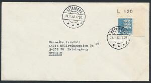 1968. 5 Kr. Rigsvåben, blå. flourescerende papir, pos. 10 med hjørnemarginal L120. Single på FDC, annulleret Helsingør 21.11.68.