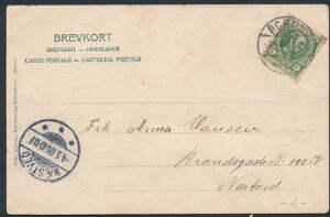 1905. Chr. IX, 5 øre grøn, med HARMONIKA. Single på postkort fra Borup 3.5.06 til Næstved.
