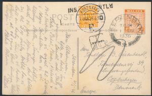 1934. 10 øre, orange på brevkort fra Seramban i MALAYA 1.6.36 ankomst 29.6.36 28 dage undervejs 