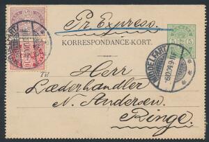 1902. Våben, 10 øre, rød og 15 øre, grålille på 5 øres korrespondancekort sendt EXPRES fra Middelfart til Ringe. Sjældent