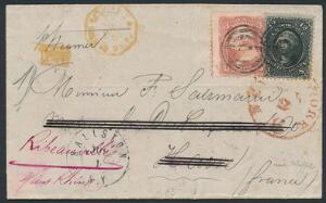 USA. 1867. Washington. 12 c. sort og 3 c. rosa. Begge med GRILL. God frankering på dekorativt omadresseret brev til Frankrig.
