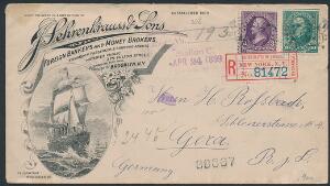 USA. 1899. Et meget smukt og dekorativt anbefalet brev PICTURE-COVER til Tyskland med flot kuvert med skibs-motiv.