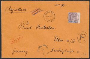 Bahamas. 1912. Edward. 5 Sh. lillablå. Sjælden single frankering på anbefalet brev, sendt til Tyskland, stempleti NASSAU BAHAMAS 11.APR.12.