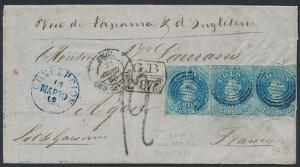 Chile. 1860. Columbus. 10 c. blå. 3-STRIBE på brev, sendt til FRANKRIG.