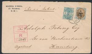 1902. 810 Cents, Provisorium, blåbrun og 5 cent, Våben, blå. God frankering på anbefalet skibs-brev Pr. SS Solent, sendt til Tyskland. Stemplet ST. THOMAS 8