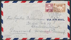 1938. Chr.X, 5 øre, vinrød og Isbjørn. 1 kr. gulbrun på censureret luftpostbrev fra GODTHAAB 21.8.41, vai København 28.9.41 til Charlottenlund