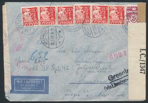 1942. Luftpostbrev fra GRAMRODE 20.5.42 frankeret med i alt 125 øre, sendt til Sukkertoppen. Påtegnet Modtaget 28.Sept. 42 i Julianehaab