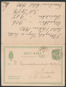 1890. Dobbekt brevkort, 5 øre, grøn sendt fra Rudkjøbing 25.1.1890 til Humble, returneret med venhængende BRUGT SVARKORT fra Humble 7.2