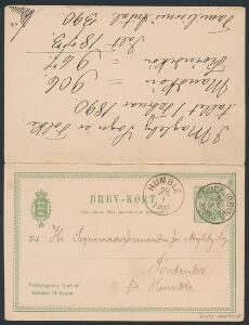 1890. Dobbekt brevkort, 5 øre, grøn sendt fra Rudkjøbing 25.1.1890 til Humble, returneret med venhængende BRUGT SVARKORT fra Humble 7.2