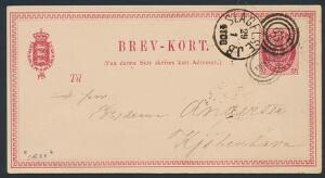 1872. 4 sk. helsagskort, rød annulleret med Esrom-type SÆBY og kombineret nr.stempel 65 Slagelse J.B.