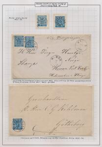 1858. 12 Öre, blå. Udstillings-planche med 2 smukke mærker samt 2 breve.