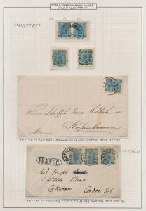 1858. 12 Öre, grønlig-blå. Udstillings-planche med 2 mærker, par samt 2 breve ene med 3-stribe sendt til England.