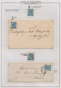 1858. 12 Öre, blå. Udstillings-planche med 2 smukke mærker samt 2 breve, med VARIANTER.