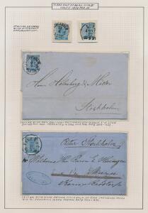 1858. 12 Öre, blå. Udstillings-planche med to mærker og 2 breve.